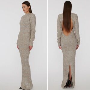 ROTATE Birger Christensen Glitter Eyelash Tinsel Metallic Open Back Maxi Dress